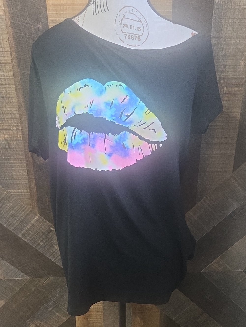 MagicMK Black Tee with Pastel Rainbow Lip Graphic